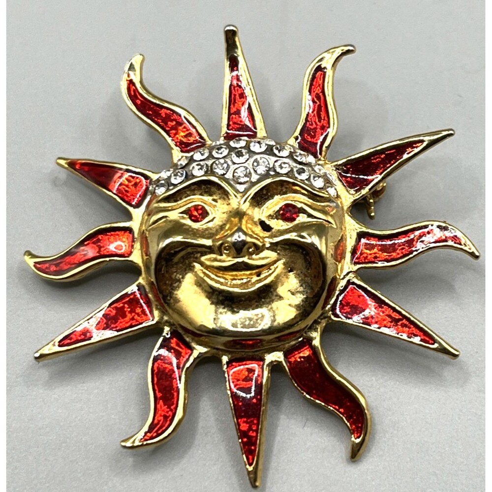 Gold Tone Sun Face Brooch Red Enamel Clear Rhinestones Celestial Statement Pin